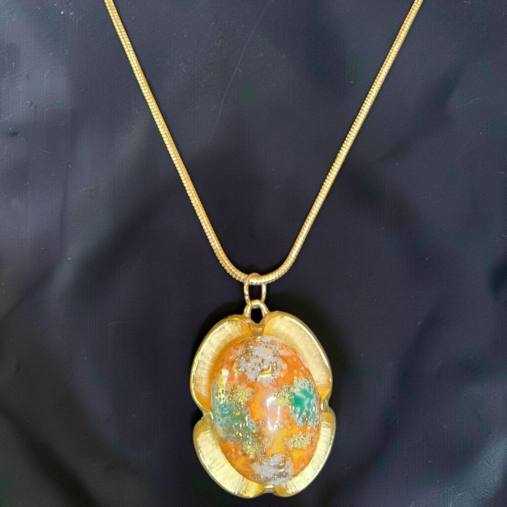 Vintage Judy Lee Stippled Easter Egg Art Glass Pendant Necklace Signed